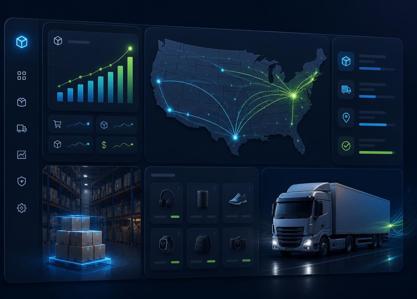 Riyad Drop warehouse dashboard showing US shipping routes, live order analytics, and same-day fulfillment